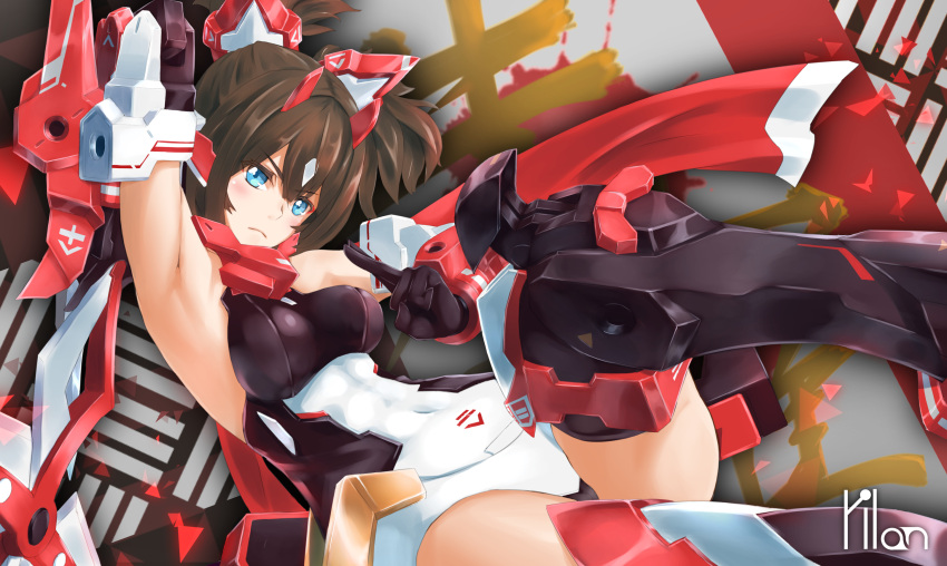 1girl, armor, artist_name, asura_ninja, bangs, blue_eyes, breasts, brown_hair