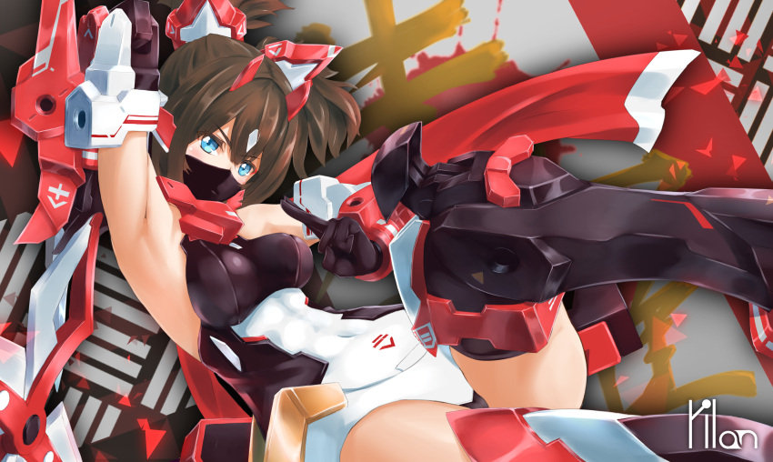1girl, armor, artist_name, asura_ninja, bangs, blue_eyes, breasts, brown_hair