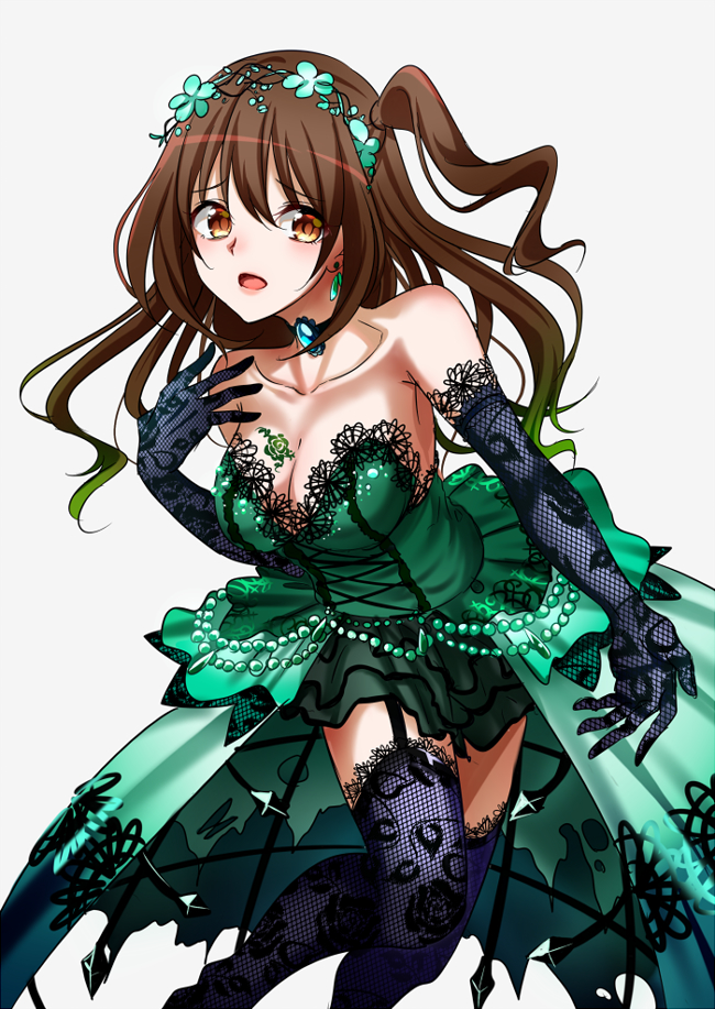 1girl, blue_gloves, blue_legwear, breasts, brown_eyes, brown_hair, choker, cleavage