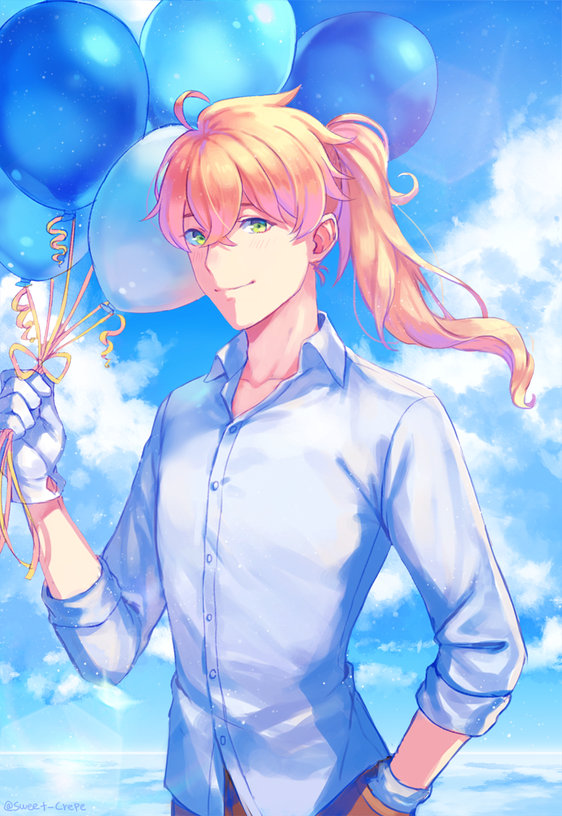 1boy, ahoge, balloon, blonde_hair, blue_sky, brown_pants, collarbone, day