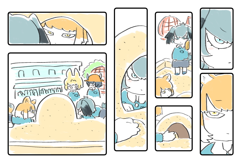 4girls, all_fours, animal_ears, bangs, bird_tail, black_hair, blonde_hair, blue_eyes