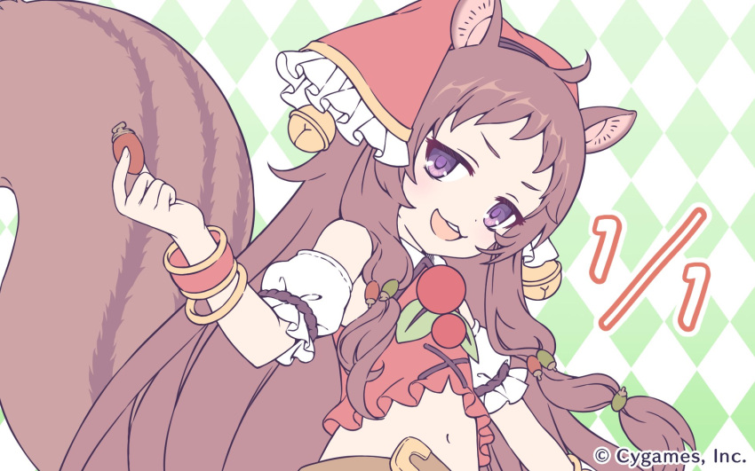 1girl, ahoge, animal_ears, bare_shoulders, bell, brown_hair, cygames, headdress
