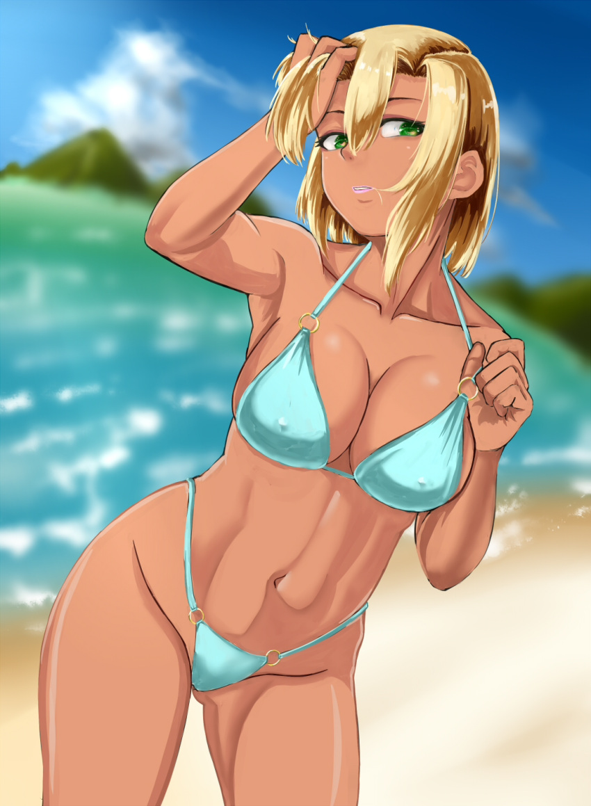 1girl, adjusting_clothes, adjusting_swimsuit, aqua_bikini, bangs, beach, bikini, blonde_hair, blue_sky, blurry, blurry_background, closed_mouth, clouds, cloudy_sky, commentary, contrapposto, dark_skin, day, erect_nipples, frown, gluteal_fold, green_eyes, groin, gyaru, hair_in_mouth, hand_in_hair, highres, kogal, lips, lipstick, looking_at_viewer, makeup, mutsuki_(mutsuki0110), navel, o-ring, o-ring_bikini, ocean, original, outdoors, pink_lips, short_hair, sky, solo, standing, string_bikini, swimsuit