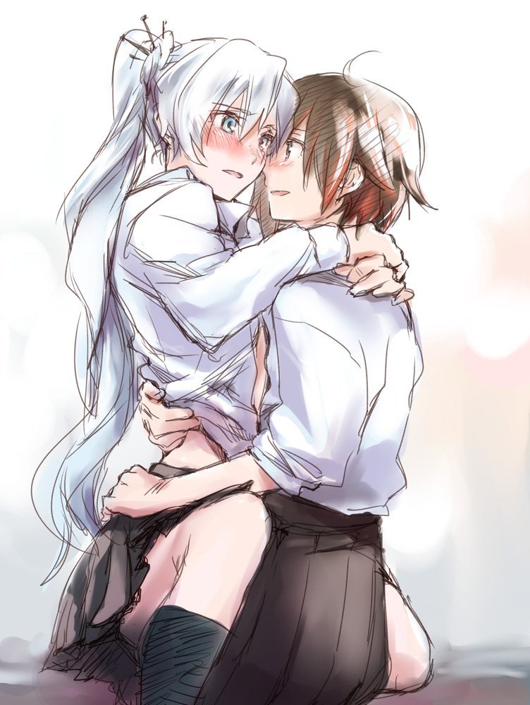 2girls, ahoge, arms_around_neck, bangs, black_hair, black_legwear, blue_eyes, blush