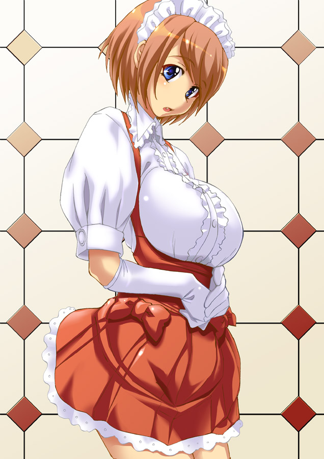 breasts, fang, gloves, huge_breasts, original, shiruko, waitress