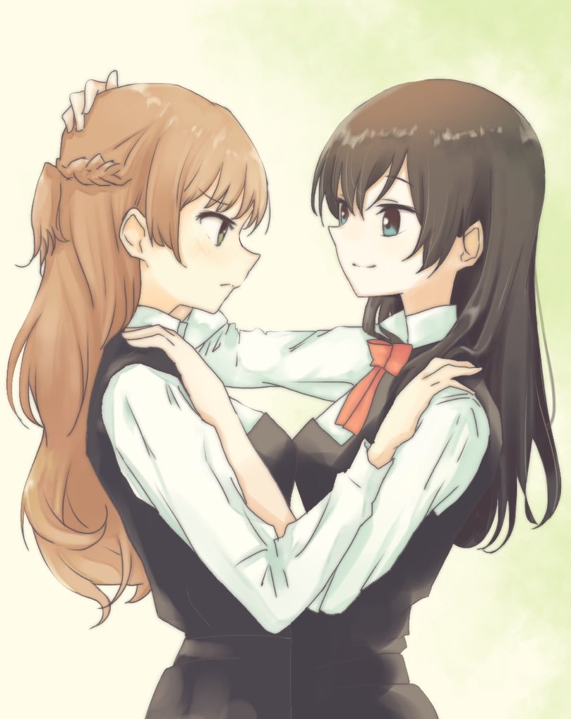 2girls, black_hair, blue_eyes, blush, bow, brown_hair, green_eyes, hand_on_another's_head