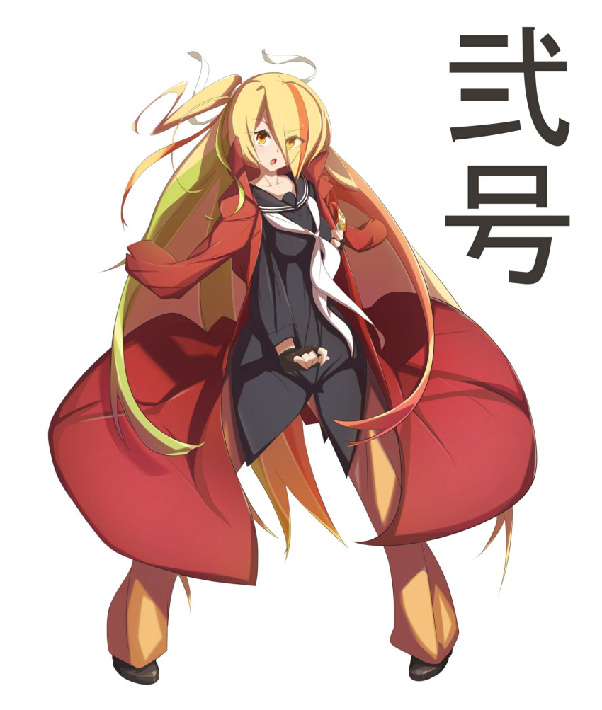 1girl, black_gloves, black_serafuku, blonde_hair, bnb18750408, eyes_visible_through_hair, fingerless_gloves, full_body