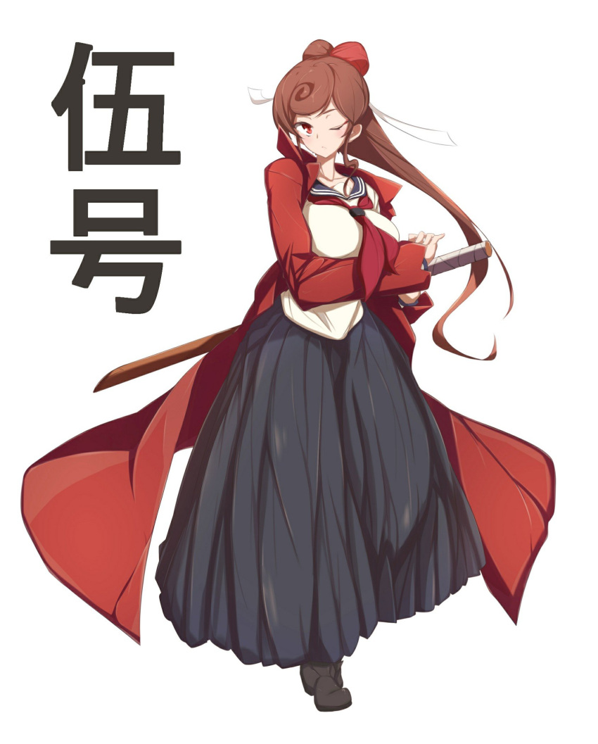 1girl, black_skirt, bnb18750408, bokken, breasts, brown_eyes, brown_hair, full_body