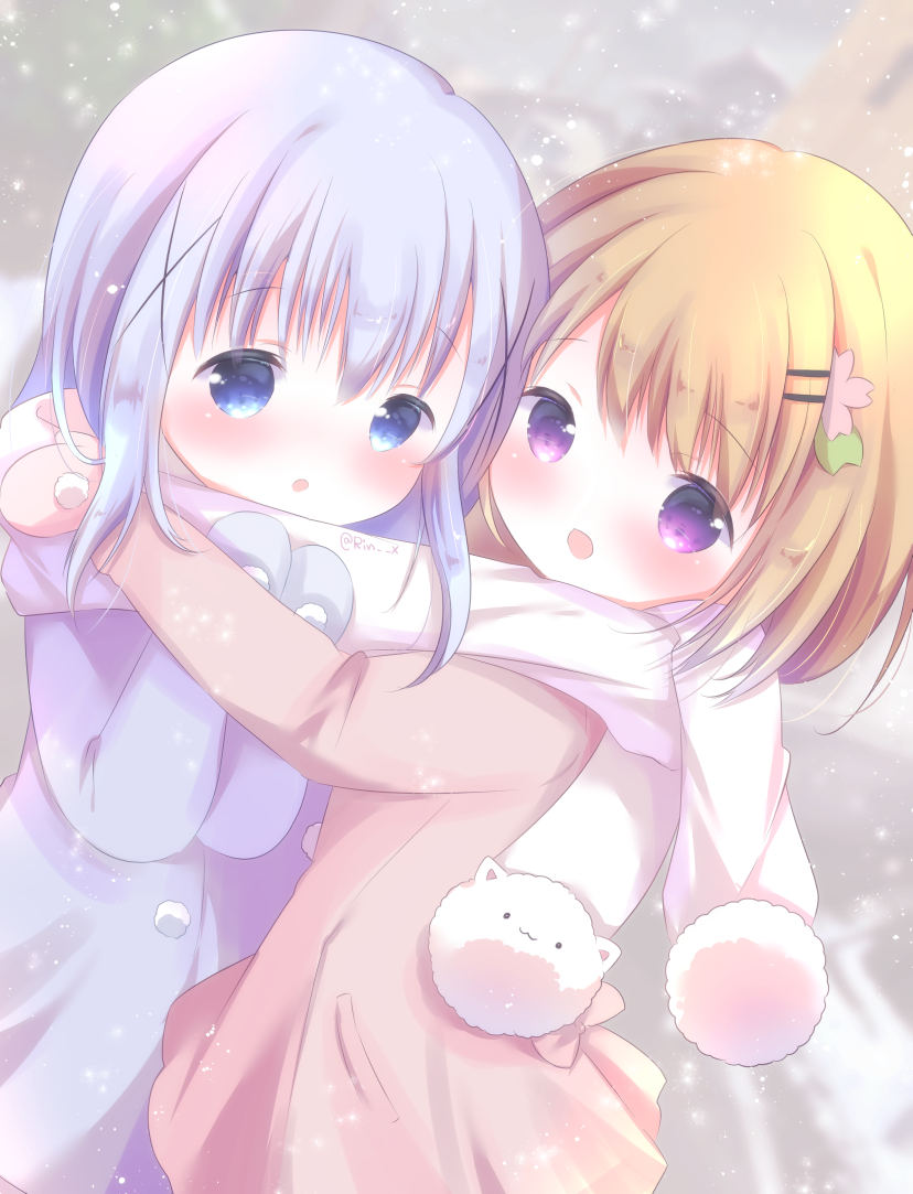 2girls, :d, :o, bangs, blue_eyes, blue_hair, blue_jacket, blue_mittens