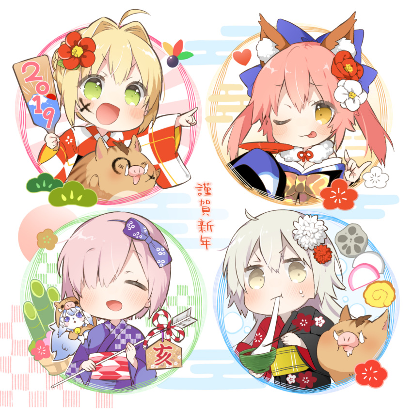 4girls, :d, ;p, ahoge, animal_ear_fluff, animal_ears, arrow, bamboo