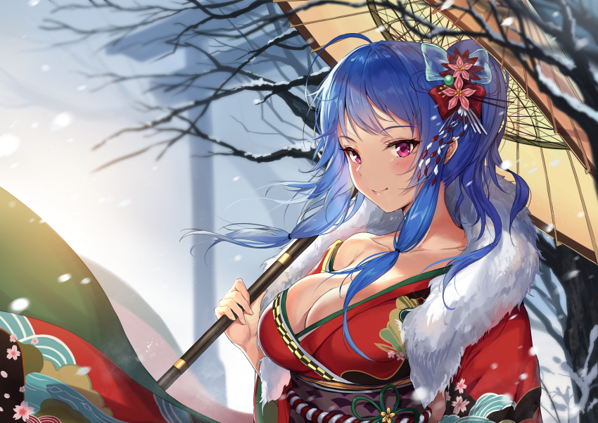 1girl, ahoge, azur_lane, bare_shoulders, blue_hair, blush, bow, breasts, cleavage, closed_mouth, collarbone, fur_trim, hair_bow, hair_ornament, highres, japanese_clothes, kimono, large_breasts, looking_at_viewer, oriental_umbrella, outdoors, pdxen, pink_eyes, red_bow, red_kimono, short_hair, smile, snow, solo, st._louis_(azur_lane), transparent_bow, tree, umbrella, winter