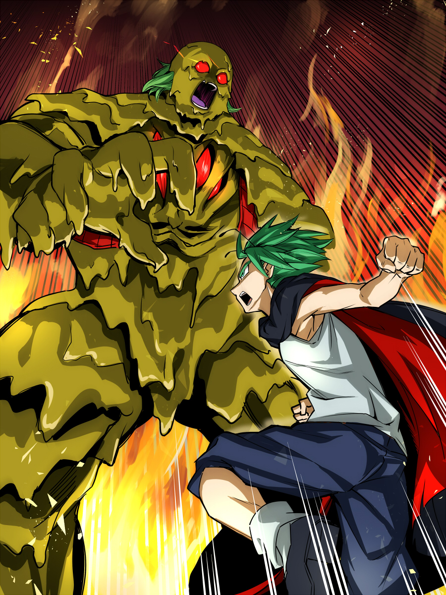 1girl, antennae, asutora, bare_arms, bio_broly, black_cape, black_footwear, blue_pants, cape, clenched_hand, colored_eyelashes, commentary_request, dragon_ball, dragonball_z, feet_out_of_frame, fire, flame, green_eyes, green_hair, highres, kazami_yuuka, leg_up, looking_at_another, motion_lines, open_mouth, pants, plaid, plaid_vest, red_eyes, red_vest, shirt, shoes, short_hair, sleeveless, sleeveless_shirt, socks, standing, touhou, vest, white_legwear, white_shirt, wriggle_nightbug