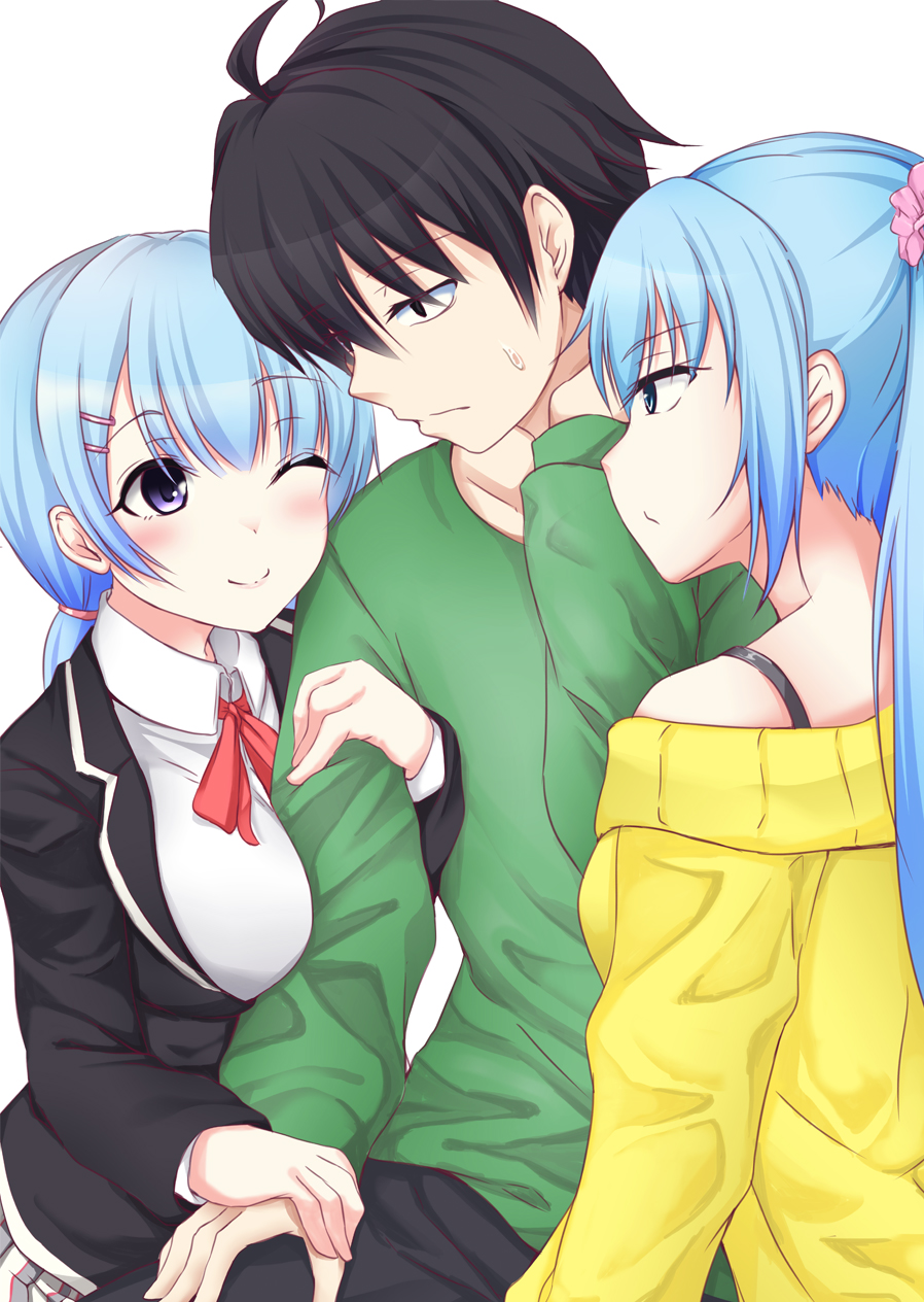 1boy, 2girls, ahoge, between_breasts, blue_hair, blush, breasts, eyebrows_visible_through_hair