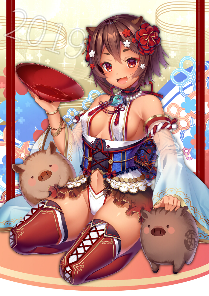1girl, 2019, :d, alcohol, animal, animal_ears, armpit_crease, bangs