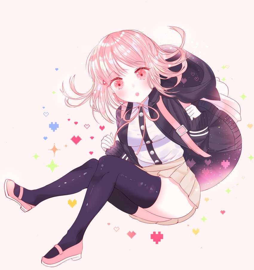 1girl, ass, backpack, bag, bangs, beige_skirt, black_jacket, black_legwear, blush, breasts, dangan_ronpa, eyebrows_visible_through_hair, flipped_hair, hair_lift, heart, highres, hood, hood_lift, hoodie, jacket, large_breasts, leggings, looking_down, medium_hair, nanami_chiaki, open_eyes, open_mouth, pink_footwear, pink_hair, pink_ribbon, pixels, pleated_skirt, red_heart, ribbon, shirt, simple_background, skirt, solo, super_dangan_ronpa_2, symbol, teeth, thigh-highs, user_cvyj8752, violet_eyes, white_shirt