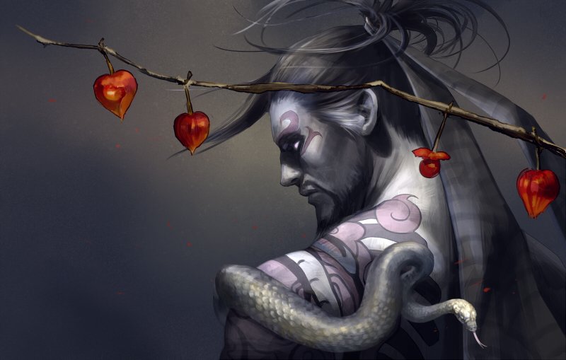 1boy, alternate_costume, back, bear, black_hair, demon_hanzo, food, fruit, gradient, gradient_background, grey_skin, hage2013, hanzo_(overwatch), long_hair, multicolored_hair, overwatch, ponytail, snake, solo, tattoo, tree, two-tone_hair, white_eyes, white_hair