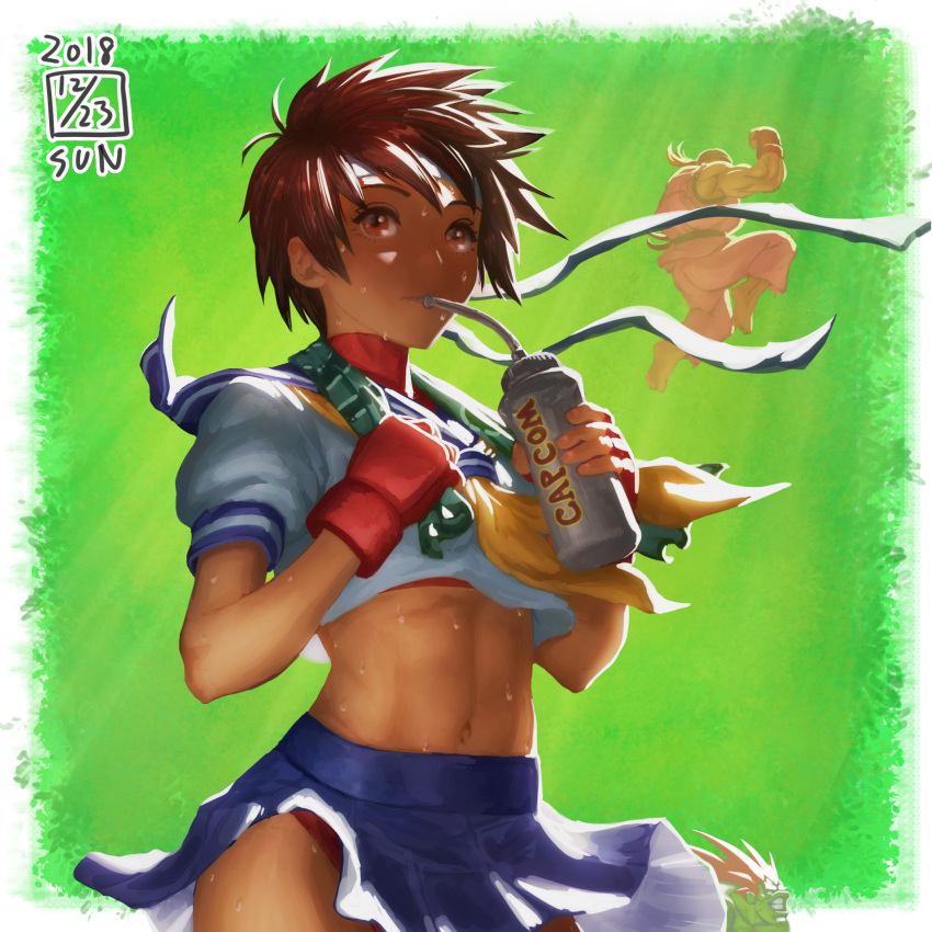1girl, 2boys, bangs, blanka, blue_sailor_collar, blue_skirt, boxing_gloves, brown_eyes