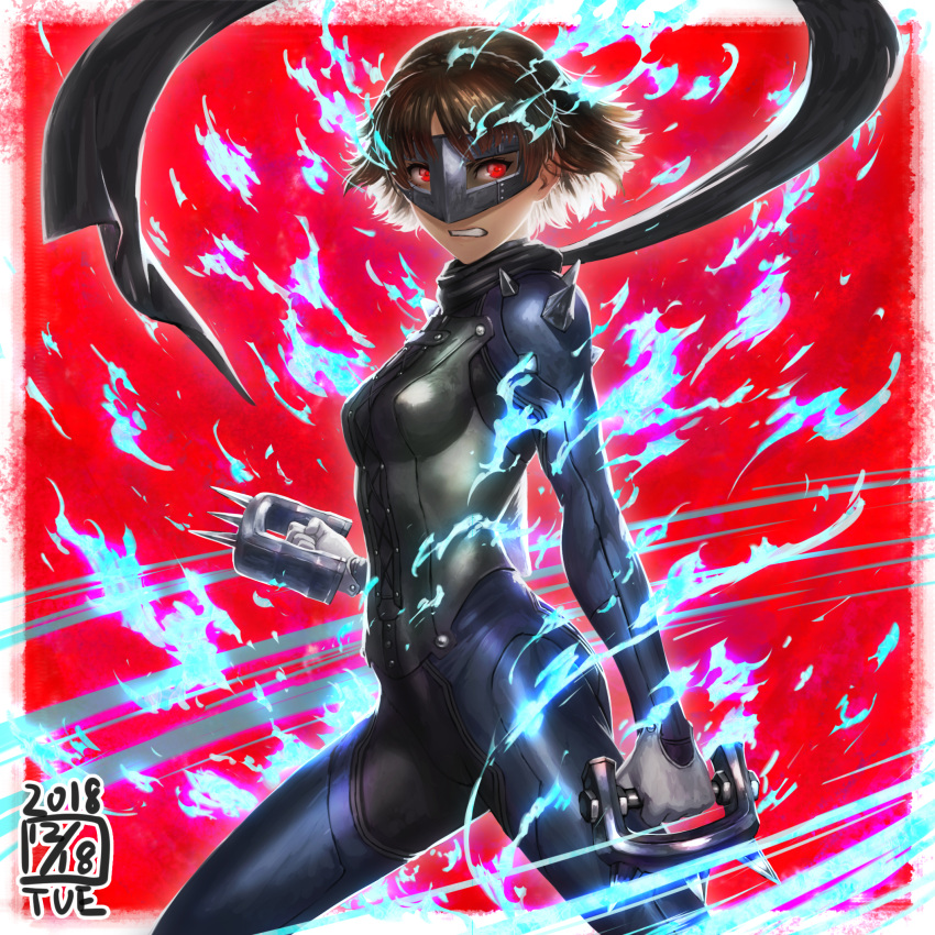 1girl, aura, black_scarf, blue_bodysuit, bodysuit, breasts, brown_hair, clenched_hands, clenched_teeth, cowboy_shot, dated, fighting_stance, from_side, highres, holding, holding_weapon, ikeda_(cpt), legs_apart, looking_at_viewer, looking_to_the_side, mask, medium_breasts, niijima_makoto, persona, persona_5, persona_q2:_new_cinema_labyrinth, persona_q_(series), red_background, red_eyes, scarf, short_hair, solo, spikes, standing, teeth, weapon