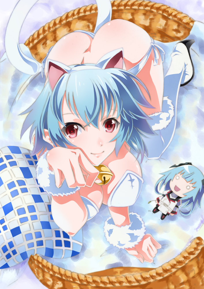 animal_ears, bell, blue_hair, boots, breasts, cat_ears, cat_tail, cleavage, doll, fake_animal_ears, hairband, infinite_stratos, looking_at_viewer, paw_pose, red_eyes, sarashiki_kanzashi, sarashiki_tatenashi, school_uniform, short_hair, smile, tail, thigh-highs, thigh_boots, tsu_chi_miyuki