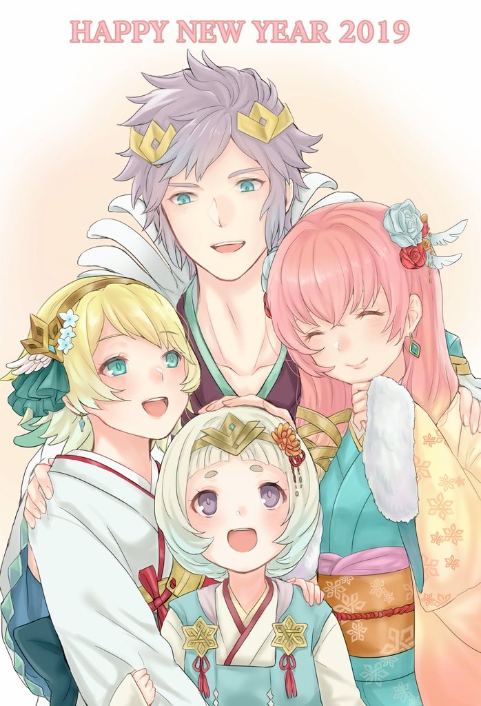 1boy, 2019, 3girls, akina_(akn_646), aqua_eyes, blonde_hair, brother_and_sister, closed_eyes