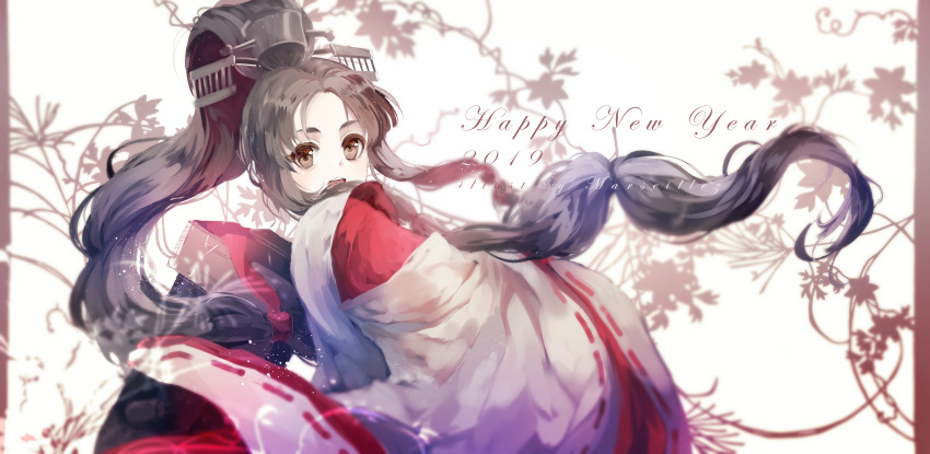 1girl, 2019, black_hair, brown_eyes, from_behind, hair_ribbon, hakama, headgear