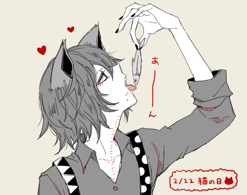1boy, alternate_hairstyle, androgynous, animal_ears, arm_up, beige_background, black_nails, cat_ears