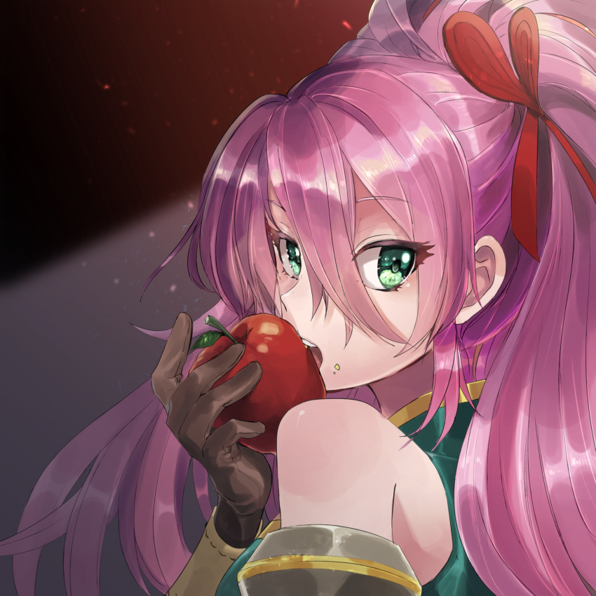 1girl, apple, bare_shoulders, brown_gloves, eating, face, food, food_on_face