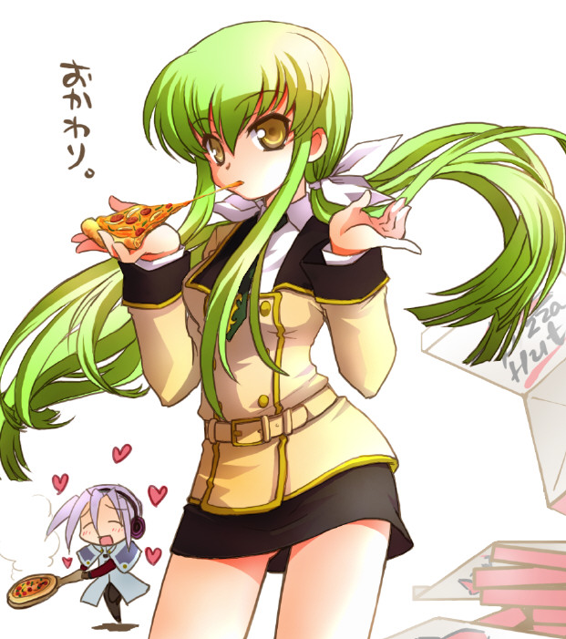 cc, code_geass, eating, food, green_hair, headphones, heart, long_hair, mao, mao_(code_geass), pizza, pizza_hut, product_placement, school_uniform, watanabe_sumiko, yellow_eyes