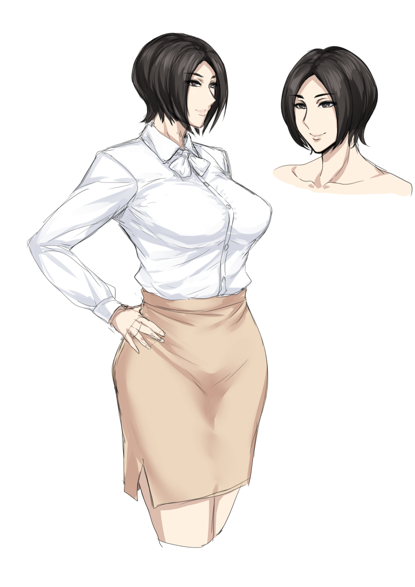 1girl, beige_skirt, black_beat, black_hair, bow, breasts, brown_eyes, collarbone