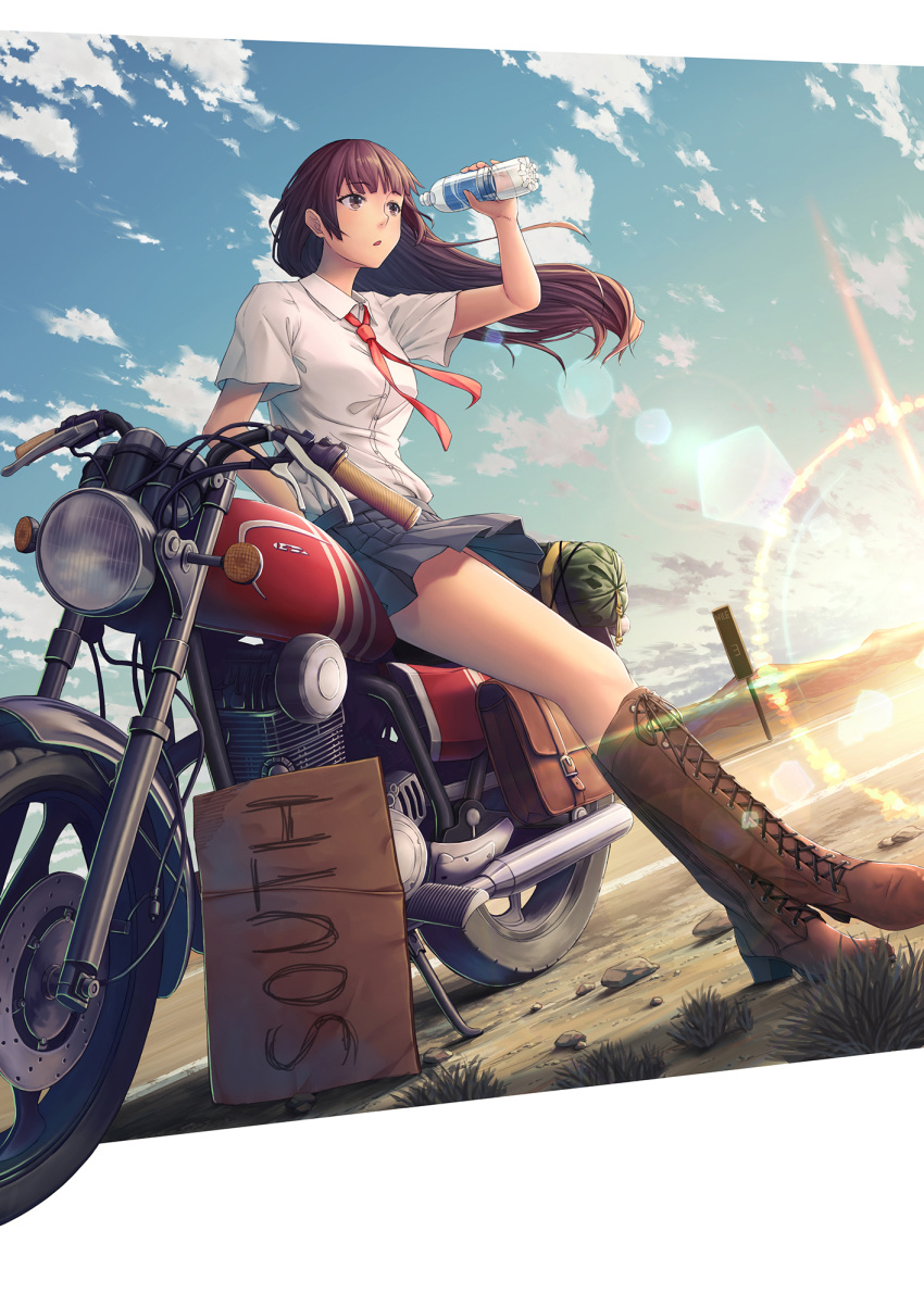 1girl, :o, bangs, blue_skirt, bottle, brown_footwear, brown_hair, clouds