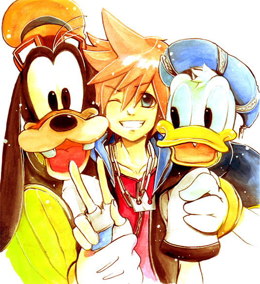 blue_eyes, brown_hair, commentary_request, donald_duck, gloves, goofy, graphite_(medium), jewelry, kingdom_hearts, kingdom_hearts_i, multiple_boys, necklace, shinigami_a, smile, sora_(kingdom_hearts), traditional_media