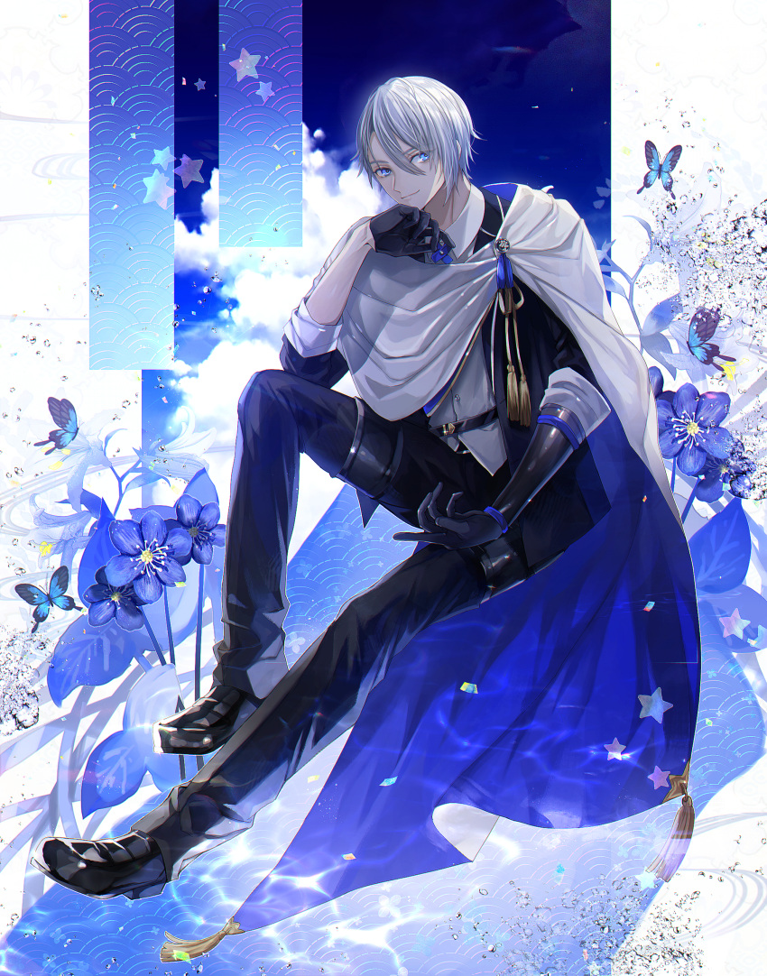 1boy, abandon_ranka, absurdres, black_gloves, blue_eyes, blue_flower, blue_sky, bug