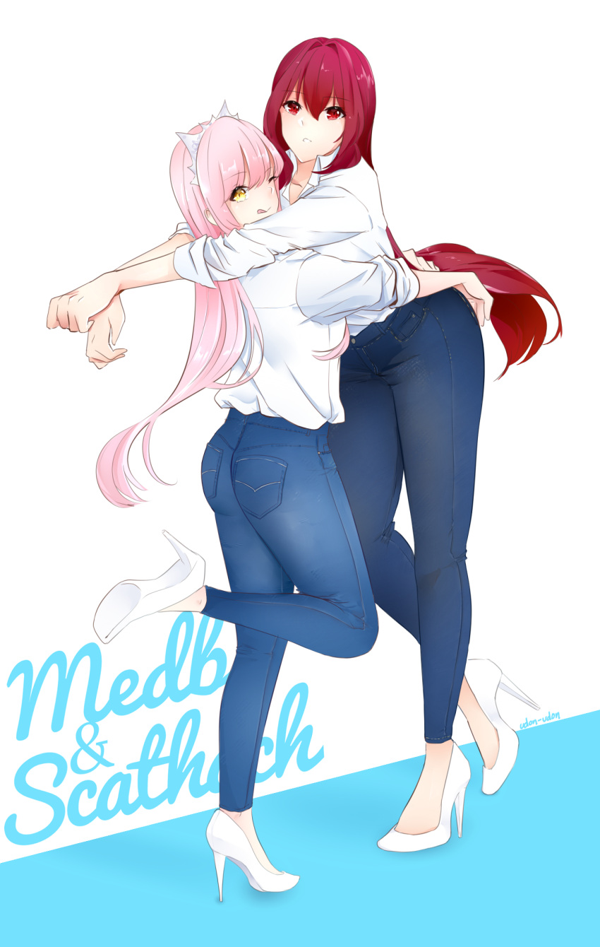 2girls, ;p, artist_name, ass, blue_background, breasts, character_name, denim