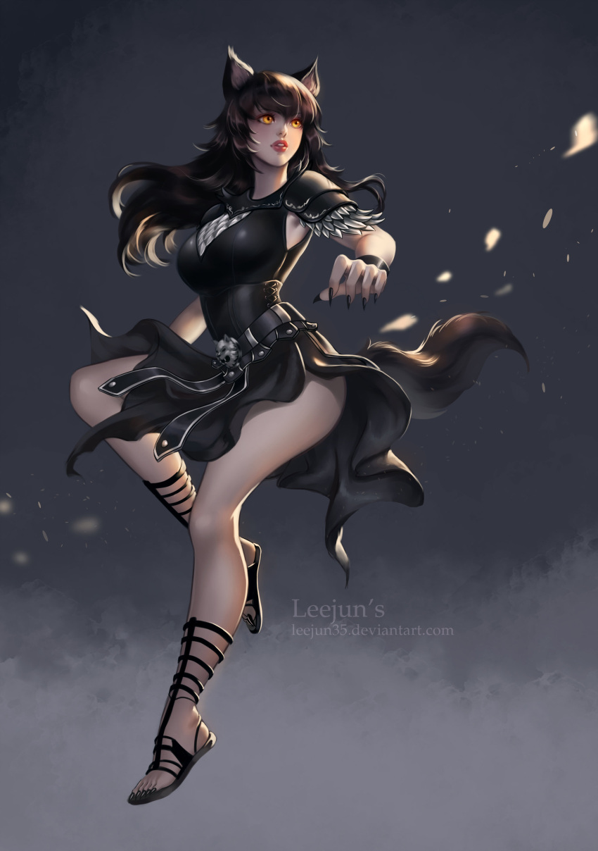 1girl, absurdres, animal_ears, artist_name, bare_legs, belt, belt_buckle, black_nails