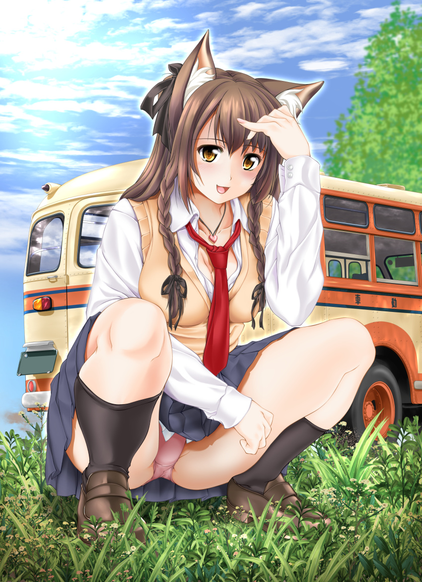 1girl, :d, animal_ear_fluff, animal_ears, black_legwear, black_ribbon, blue_skirt, blue_sky