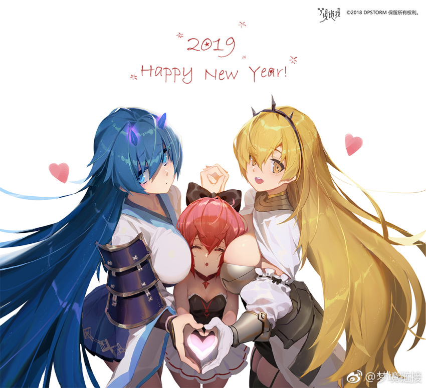 2019, 3girls, :d, armor, artist_request, bare_shoulders, black_legwear, blonde_hair, blue_eyes, blue_hair, bow, breasts, cheek_press, collar, cowboy_shot, eyebrows_visible_through_hair, faulds, fingers_together, garter_straps, girl_sandwich, hair_bow, hairband, hand_holding, happy_new_year, heart, heart_hands_trio, interlocked_fingers, japanese_armor, long_hair, looking_at_viewer, mengjing_lianjie, multiple_girls, new_year, one_eye_closed, open_mouth, own_hands_together, pink_hair, pleated_skirt, sandwiched, short_hair, shoulder_armor, skirt, small_breasts, smile, sode, thigh-highs, very_long_hair, wide_sleeves, yellow_eyes