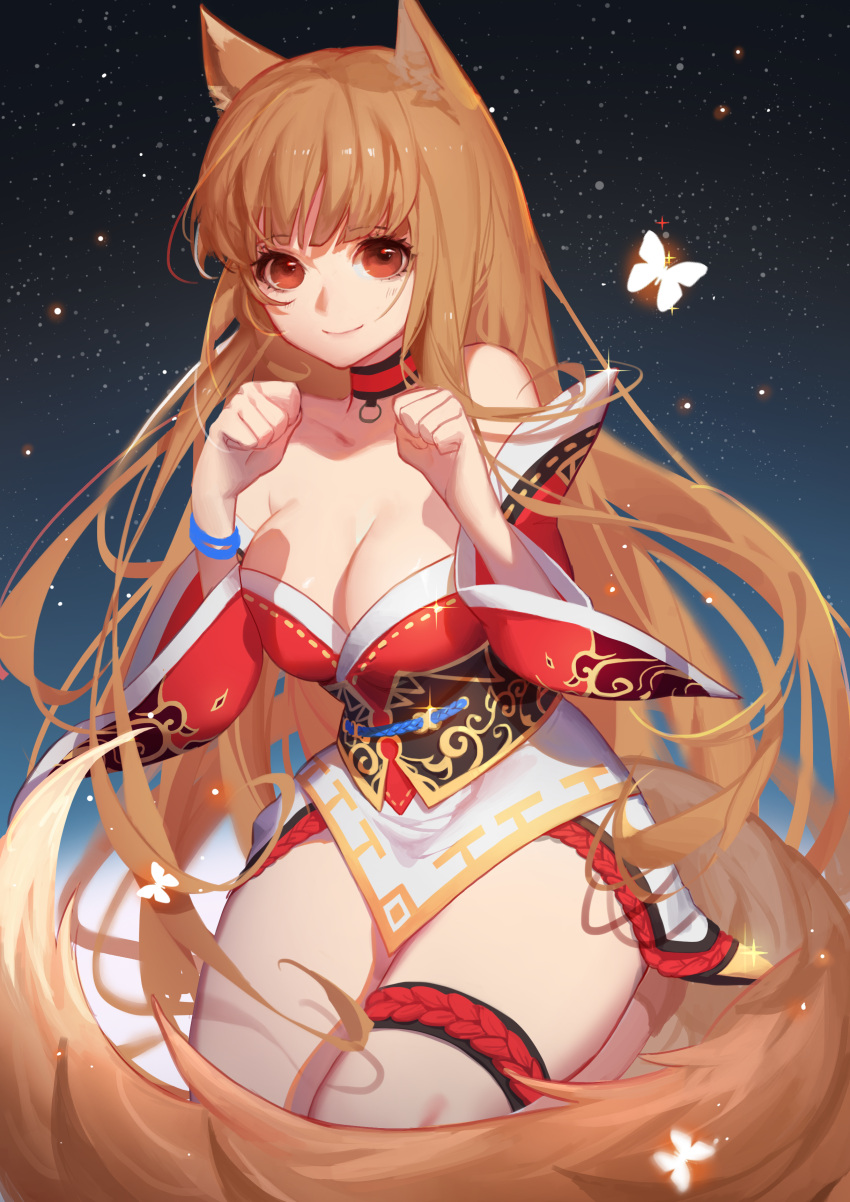 1girl, absurdres, ahri, ahri_(cosplay), animal_ears, bare_shoulders, breasts, brown_hair, bug, butterfly, choker, cleavage, cosplay, crossover, eyebrows_visible_through_hair, gold_trim, highres, holo, insect, korean_clothes, large_breasts, league_of_legends, long_hair, low_neckline, obi, paid_reward, patreon_reward, paw_pose, red_eyes, ribbon_trim, sash, sky, smile, solo, songjikyo, spice_and_wolf, star_(sky), starry_sky, tail, thigh_strap, very_long_hair, wide_sleeves, wolf_ears, wristband