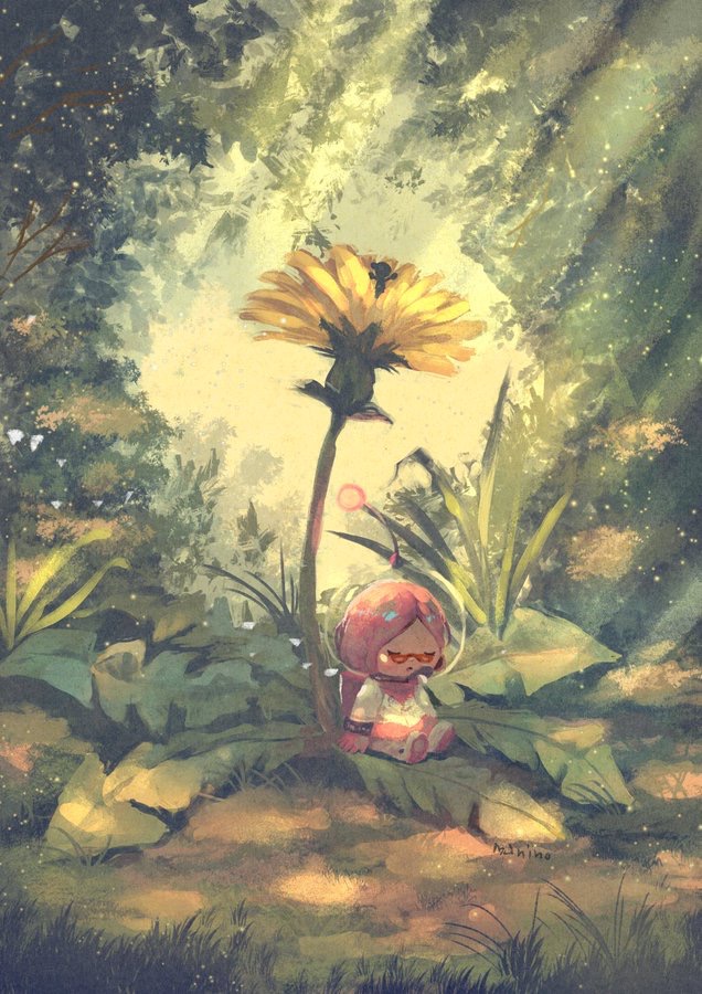 brittany_(pikmin), closed_eyes, commentary_request, dandelion, flower, glasses, grass, jacket, light_particles, light_rays, long_sleeves, manino_(mofuritaionaka), miniskirt, nintendo, parted_lips, pikmin, pikmin_(series), red-framed_eyewear, scenery, signature, sitting, skirt, white_flower, white_jacket