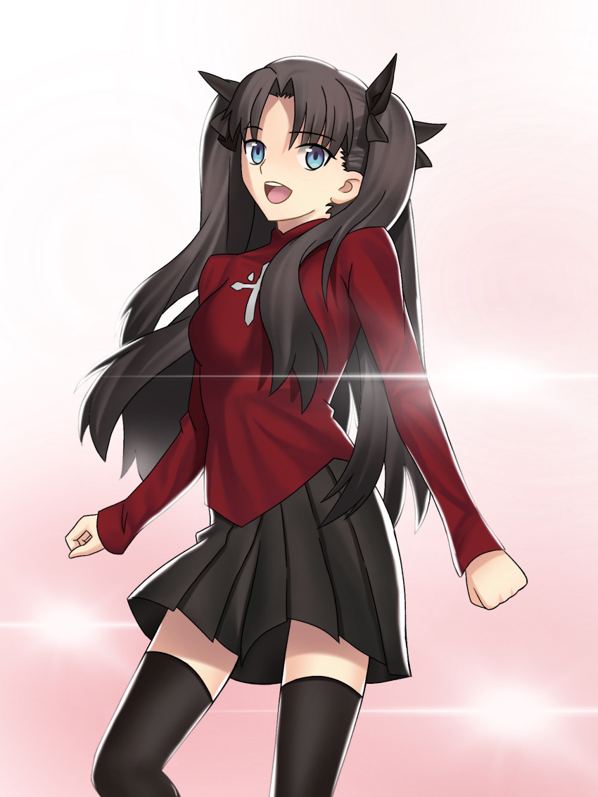 :d, berrykanry, black_bow, black_hair, black_legwear, black_skirt, blue_eyes, bow