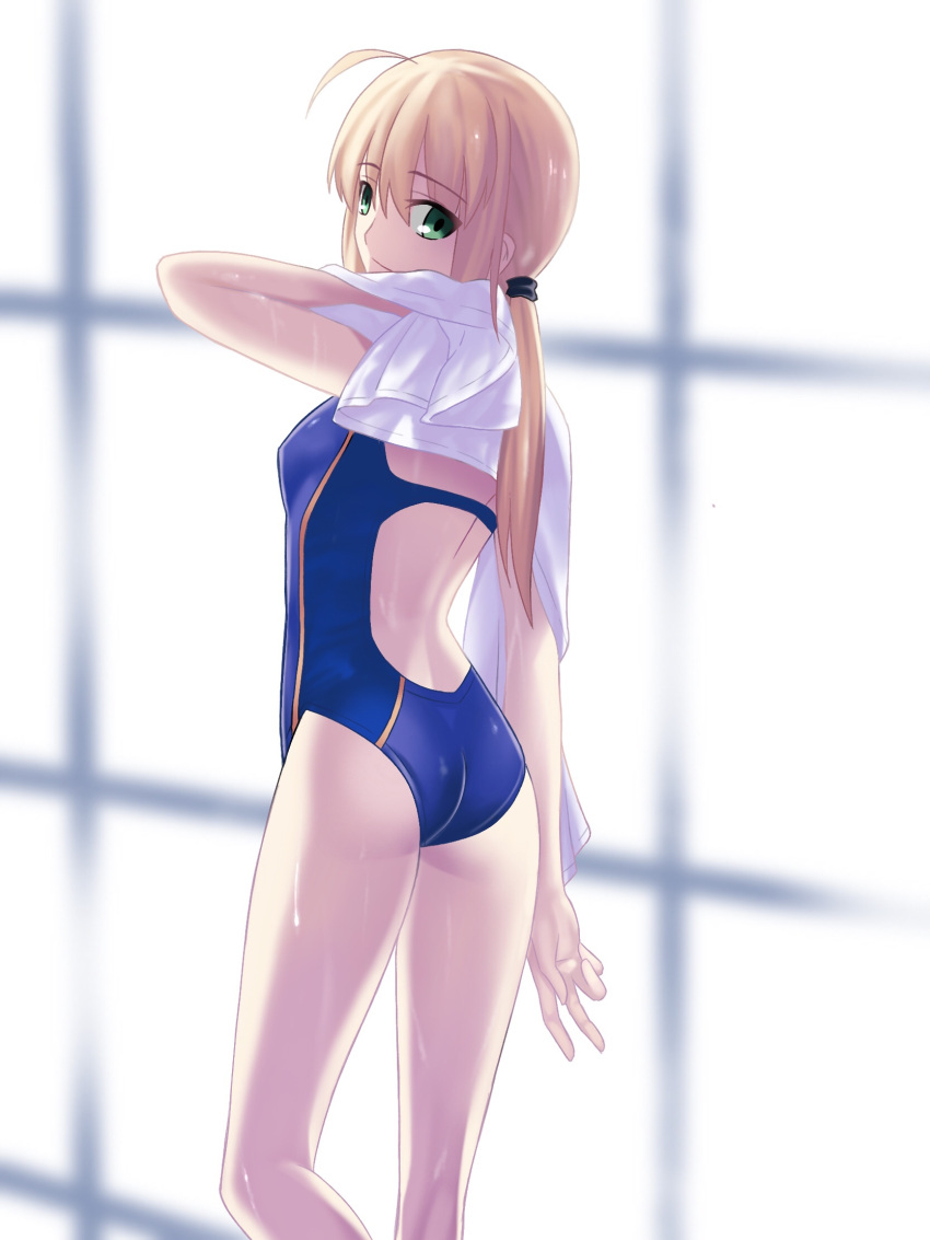 1girl, ahoge, artoria_pendragon_(all), ass, bangs, berrykanry, blonde_hair, blue_swimsuit