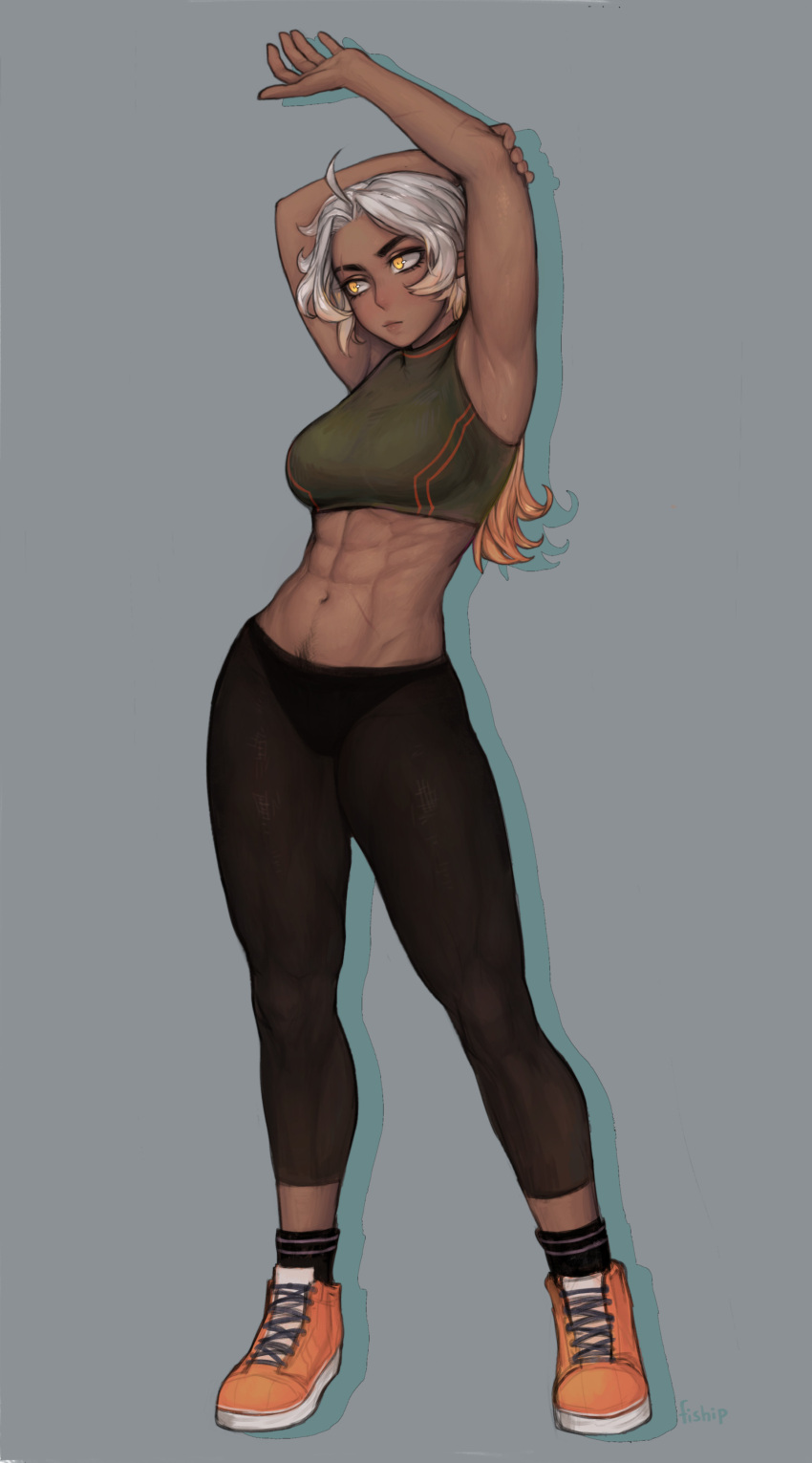 1girl, abs, absurdres, ahoge, armpits, bangs, black_legwear, black_pants