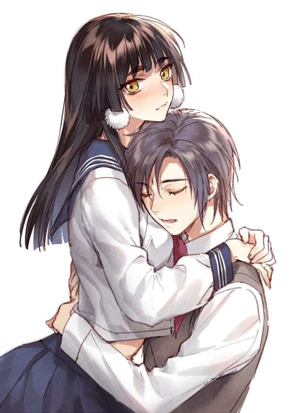 1boy, 1girl, arms_around_neck, blue_sailor_collar, blue_skirt, blush, closed_mouth, facial_mark