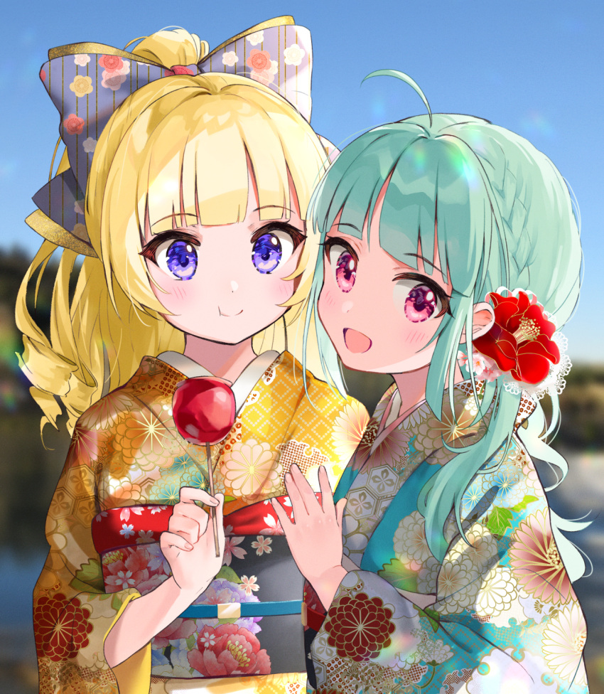 2girls, :d, ahoge, aqua_hair, bangs, battle_girl_high_school, blonde_hair, blue_kimono