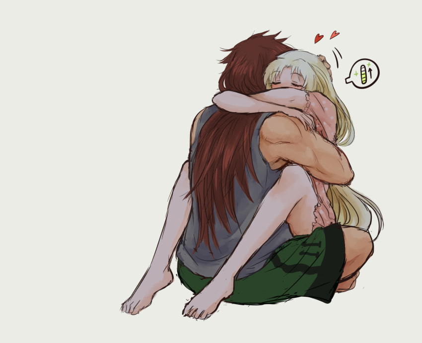 1boy, 1girl, barefoot, brown_hair, charging, closed_eyes, commentary, couple, english_commentary, full_body, green_hair, green_shorts, grey_background, grey_shirt, heart, highres, hug, long_hair, original, pink_pajamas, reef, shirt, shorts, simple_background, spoken_battery, very_long_hair