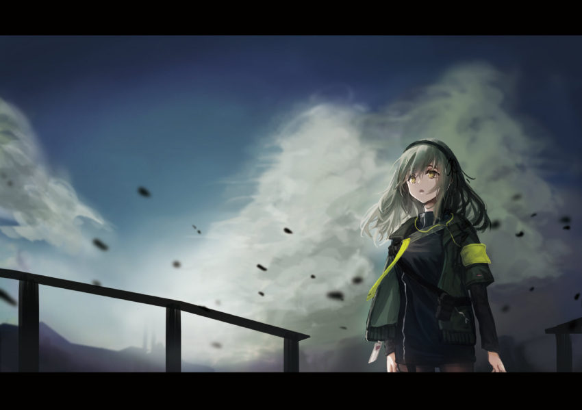 1girl, :o, armband, bangs, black_legwear, brown_hair, commentary_request, floating