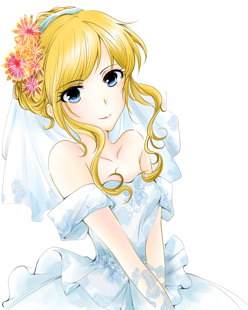 1girl, bare_shoulders, blonde_hair, blue_dress, blue_eyes, blue_hairband, blue_wedding_dress, bridal_veil
