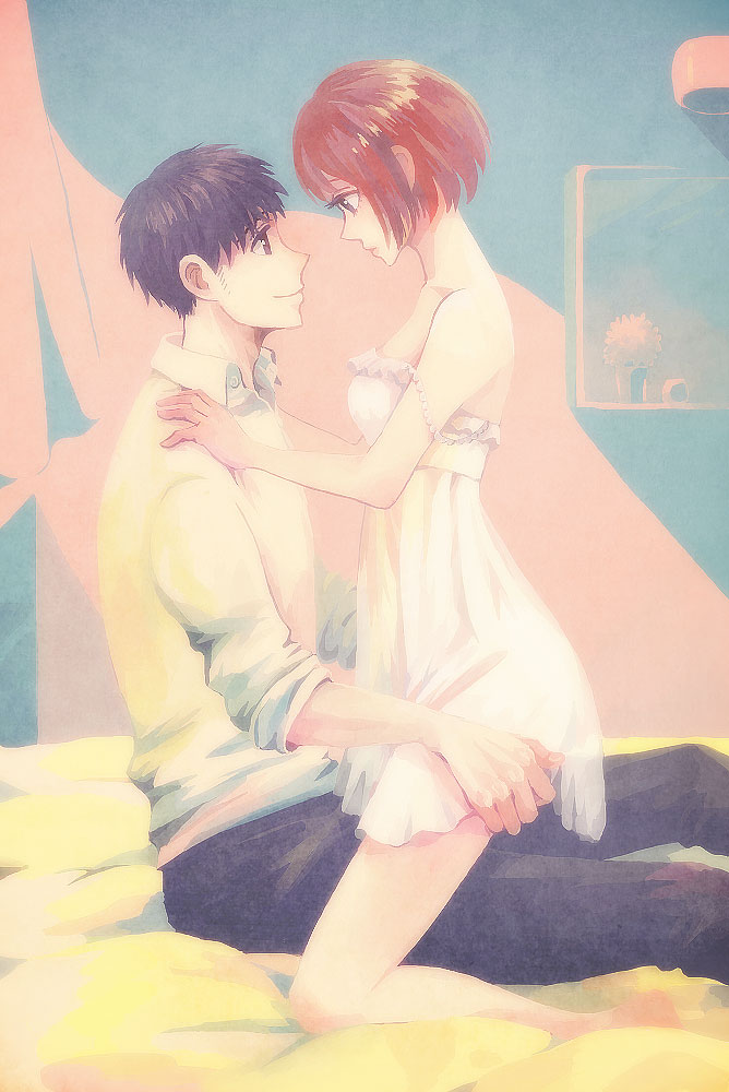 1boy, 1girl, bare_shoulders, barefoot, black_hair, black_pants, bob_cut, breasts