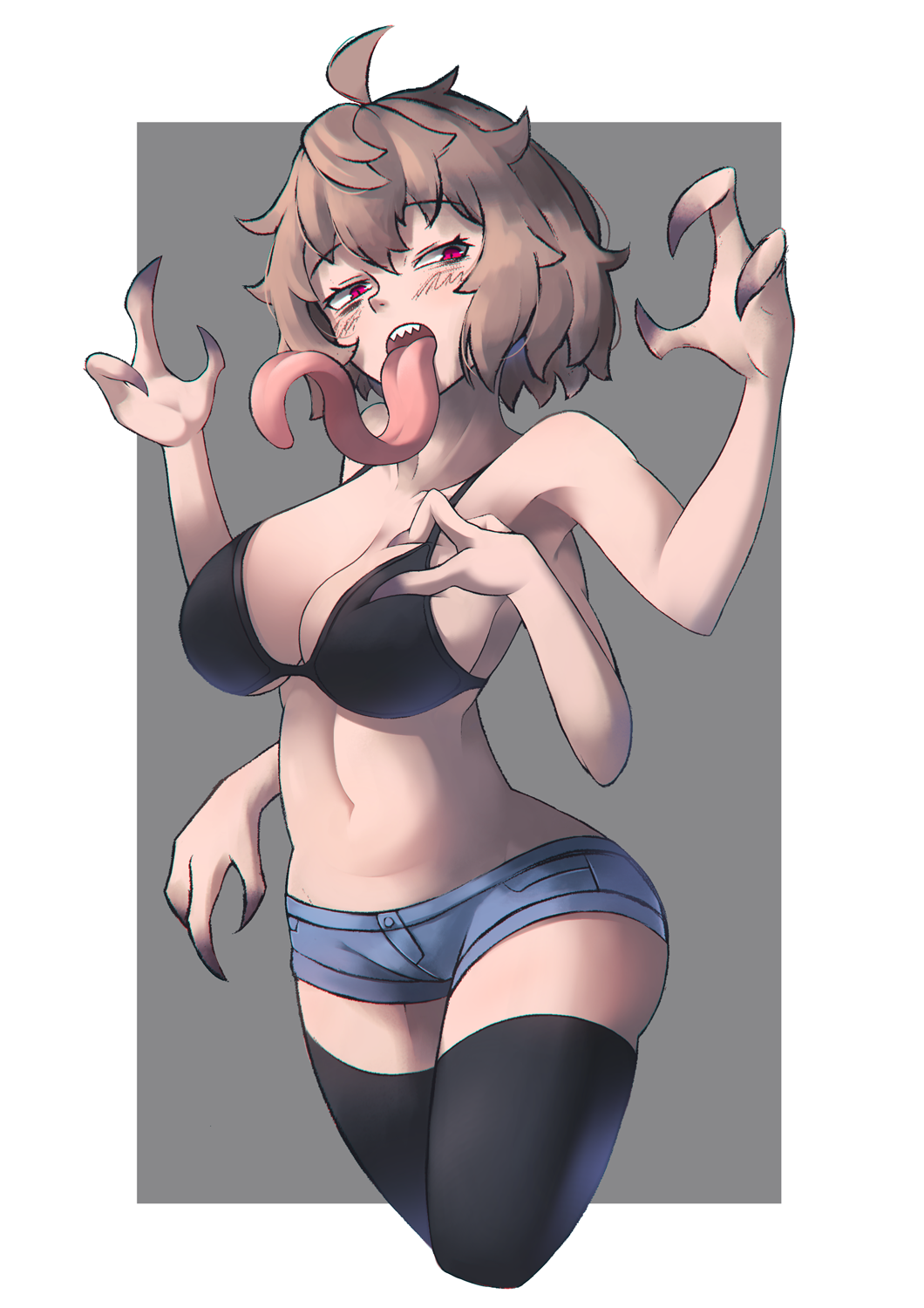 1girl, 307_(aho307), ahoge, bare_arms, bare_shoulders, black_bra, black_legwear, blue_shorts