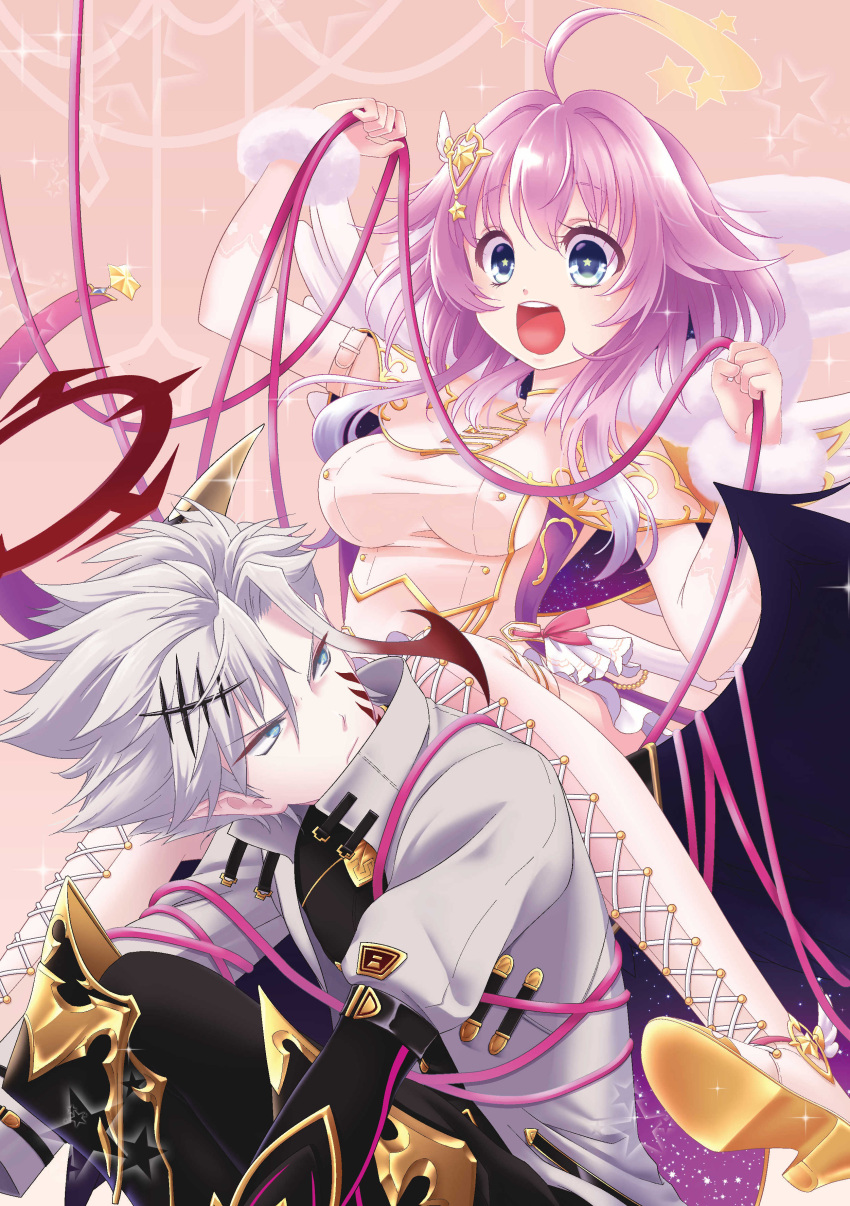 1boy, 1girl, absurdres, boots, highres, kazuki_(ranmic), luca_(star_gladiator), luka_(shironeko_project)