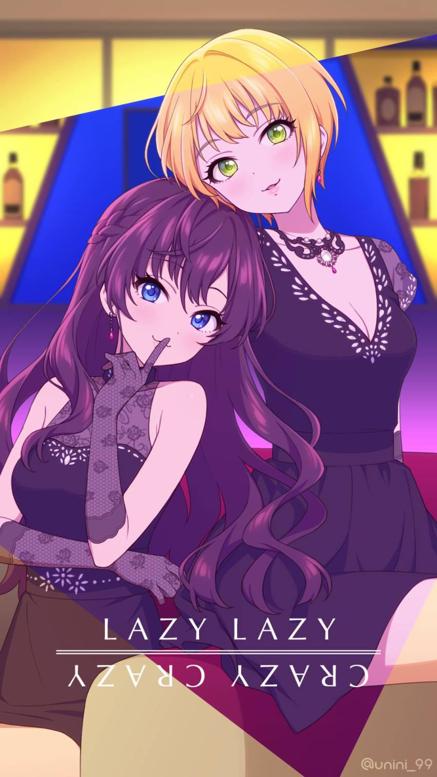 2girls, agata_(agatha), ahoge, bangs, bare_shoulders, black_dress, black_gloves, blonde_hair